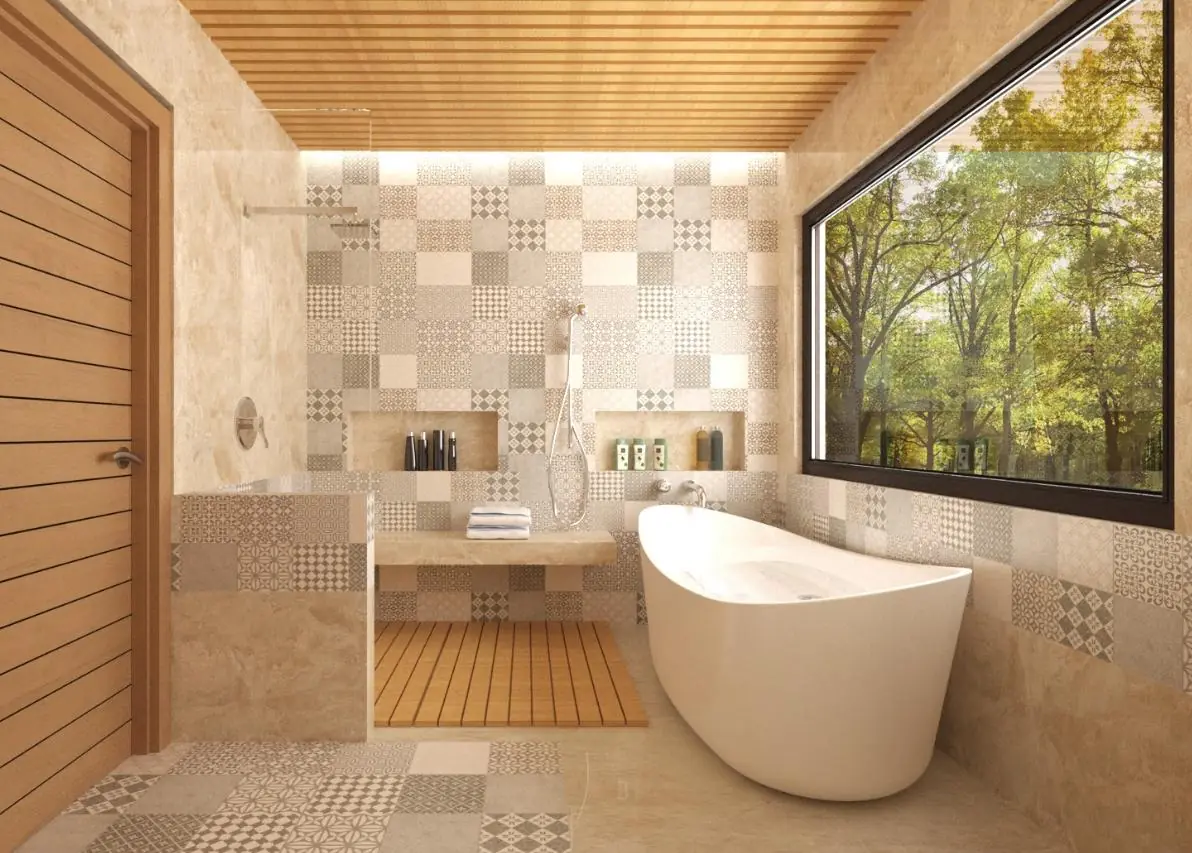 Baño residencial con materiales naturales